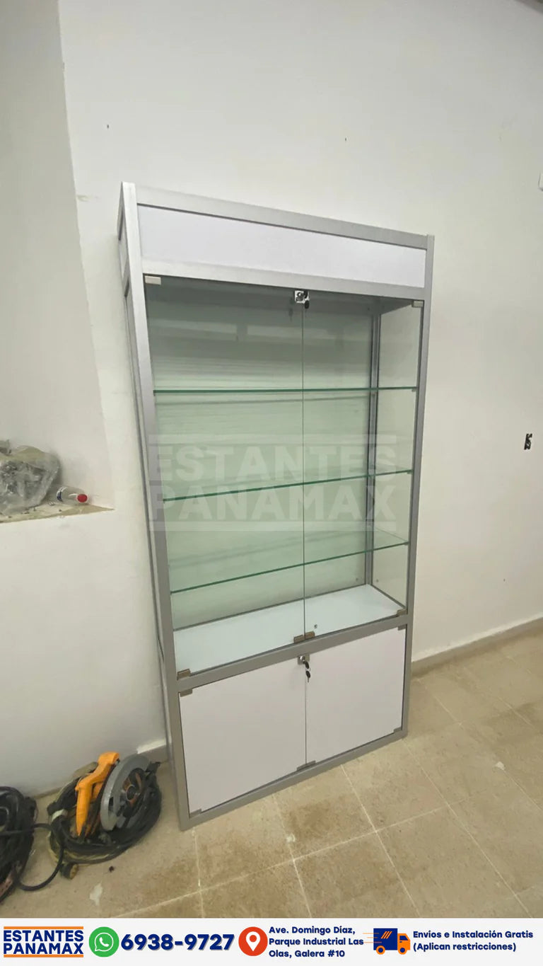 Vitrina Vertical de Aluminio Plateado con Blanco 3 Niveles con Gavetero y LED 200x100x30cm KD-010 / KW-005