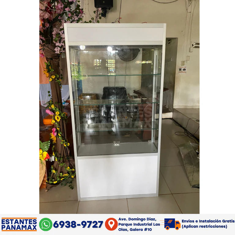 Vitrina Vertical de Aluminio Plateado con Blanco 3 Niveles con Gavetero y LED 200x100x30cm KD-010 / KW-005