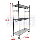 Rack de Almacenamiento Metálico con Ruedas de 3 Niveles 100kg x NivelMultiuso o Tipo Perchero Negro 198x122x44cm PMX-1419