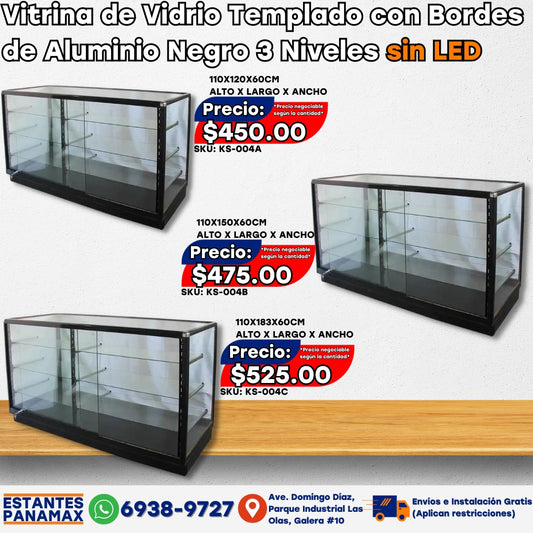 Vitrina de Vidrio Templado con Bordes de Aluminio Negro 3 Niveles sin LED de 120cm KS-004A, 150cm KS-004B y 183cm KS-004C de Largo