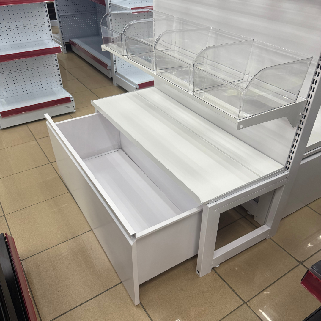 Góndola Pared Fondo Liso Blanco 5 Niveles + 16 Organizadores Transparente +1 Gavetero 180x100x46cm 75kg/nivel PMX-1366