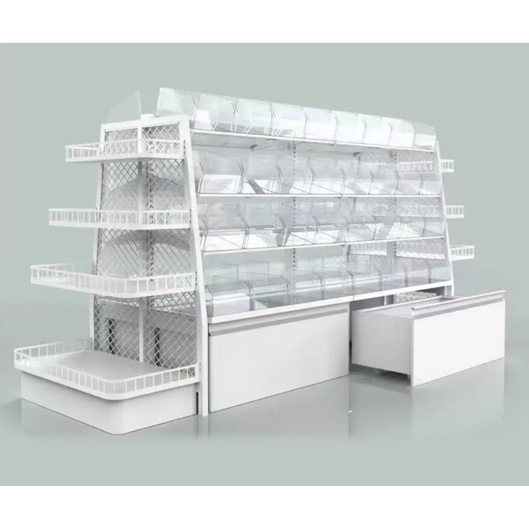 Góndola Doble Blanco 4 Niveles + 32 Organizadores Transparente +2 Gaveteros 125x104x89cm 75kg/nivel PMX-1367