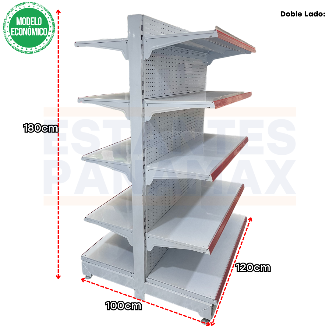 **MODELO ECONÓMICO** Góndola Doble Perforado Blanco 5 Niveles 180x120x100cm 75kg/nivel PMX-3003-D