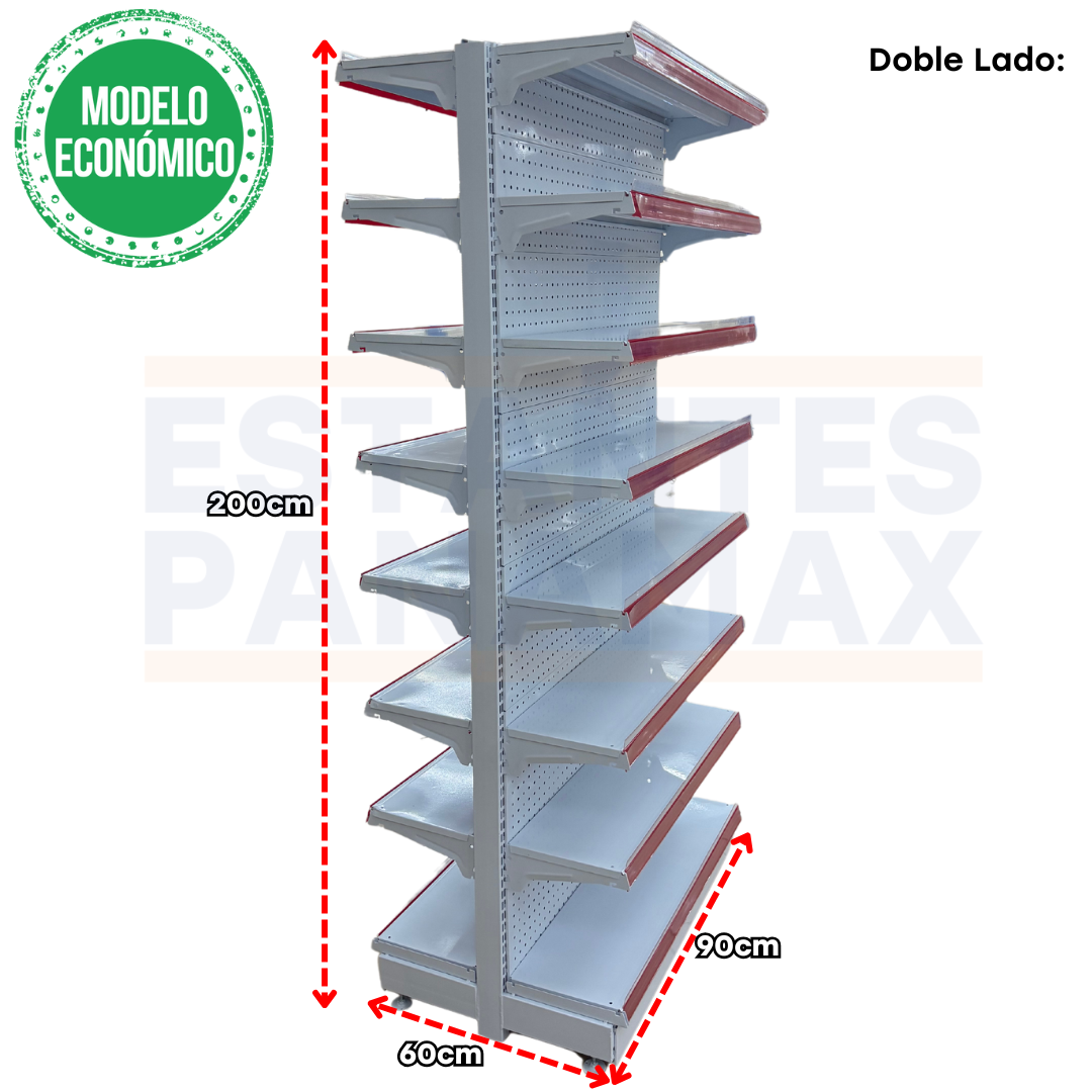 **MODELO ECONÓMICO** Góndola Doble Perforado Blanco 8 Niveles 200x90x60cm 75kg/nivel PMX-3004-D