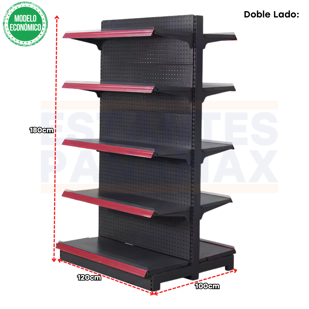 **MODELO ECONÓMICO** Góndola Doble Perforado Negro 5 Niveles 180x120x100cm 75kg/nivel PMX-3002-D