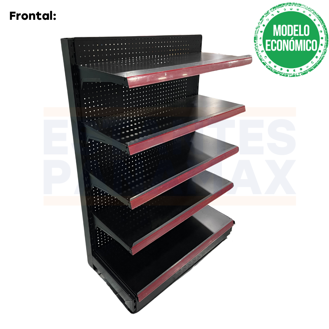 **MODELO ECONÓMICO** Góndola Frontal Perforado Negro 5 Niveles 150x100x50cm 75kg/nivel PMX-1261
