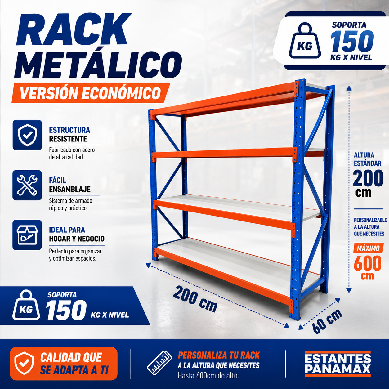 (VERSIÓN ECONOMICA) Rack para Bodega de Carga Mediana de 4 Niveles 150kg/Nivel 200x200x60cm PMX-7005
