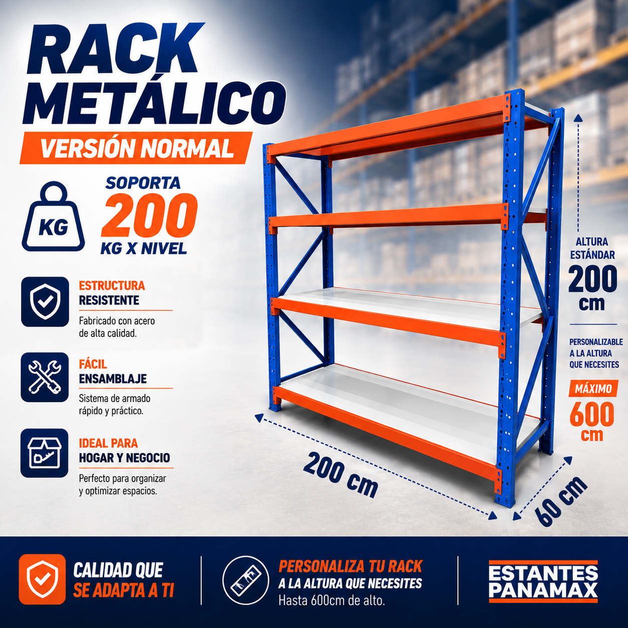 (VERSIÓN NORMAL) Rack para Bodega de Carga Mediana de 4 Niveles 200kg/Nivel 200x200x60cm PMX-1081