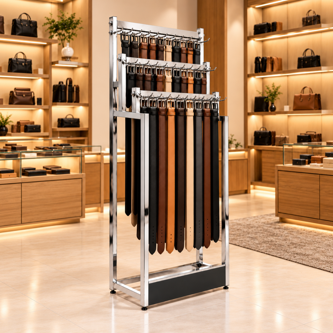 Exhibidor Comercial Cromado para Correas y Cinturones con 3 Niveles y Ganchos Incluidos, Organizador Metálico de Piso 90x35.5x180cm XBH-CR36