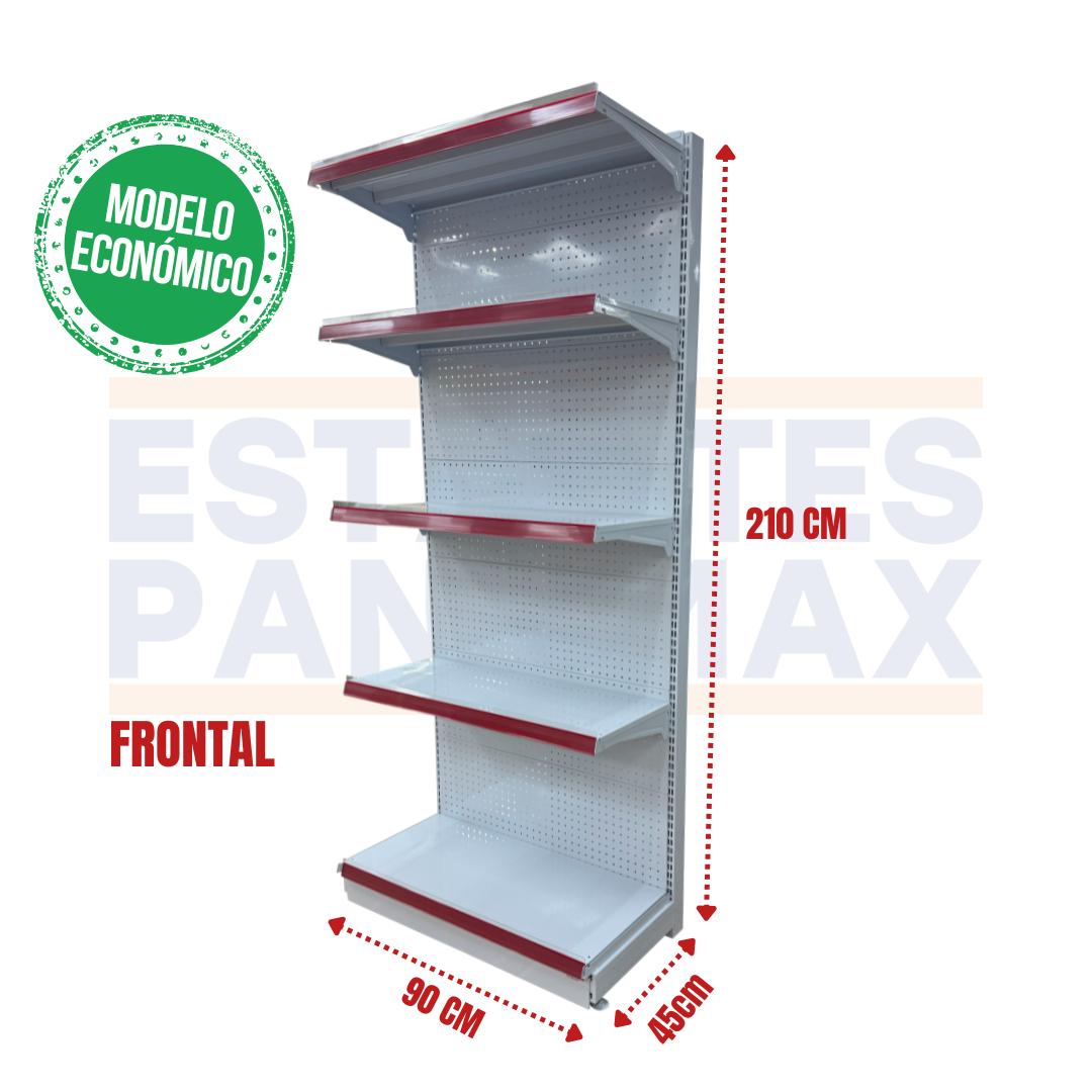 **MODELO ECONÓMICO** Góndola Frontal Perforado Blanco 5 Niveles 210x90x45cm 75kg/nivel PMX-3006-F