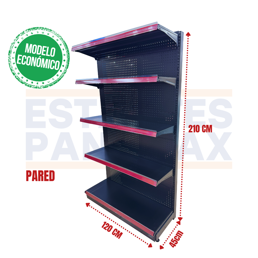 **MODELO ECONÓMICO** Góndola Pared Perforado Negro 5 Niveles 210x120x45cm 75kg/nivel PMX-3007-P