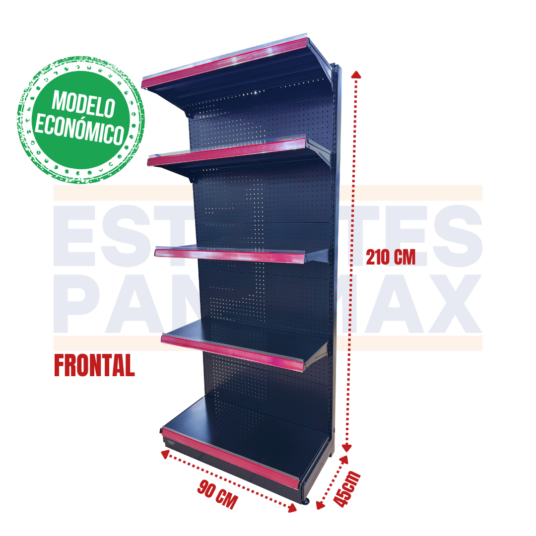 **MODELO ECONÓMICO** Góndola Frontal Perforado Negro 5 Niveles 210x90x45cm 75kg/nivel PMX-3007-F
