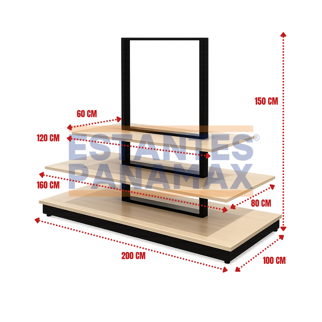 Mueble Mesa Exhibidor Central Tipo Isla de 3 Niveles Negro con Diseño Madera 200x100x90cm PMX-1390
