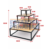 Mueble Mesa Exhibidor Central Tipo Isla de 4 Niveles Negro con Diseño Madera 135x200x100cm PMX-1391